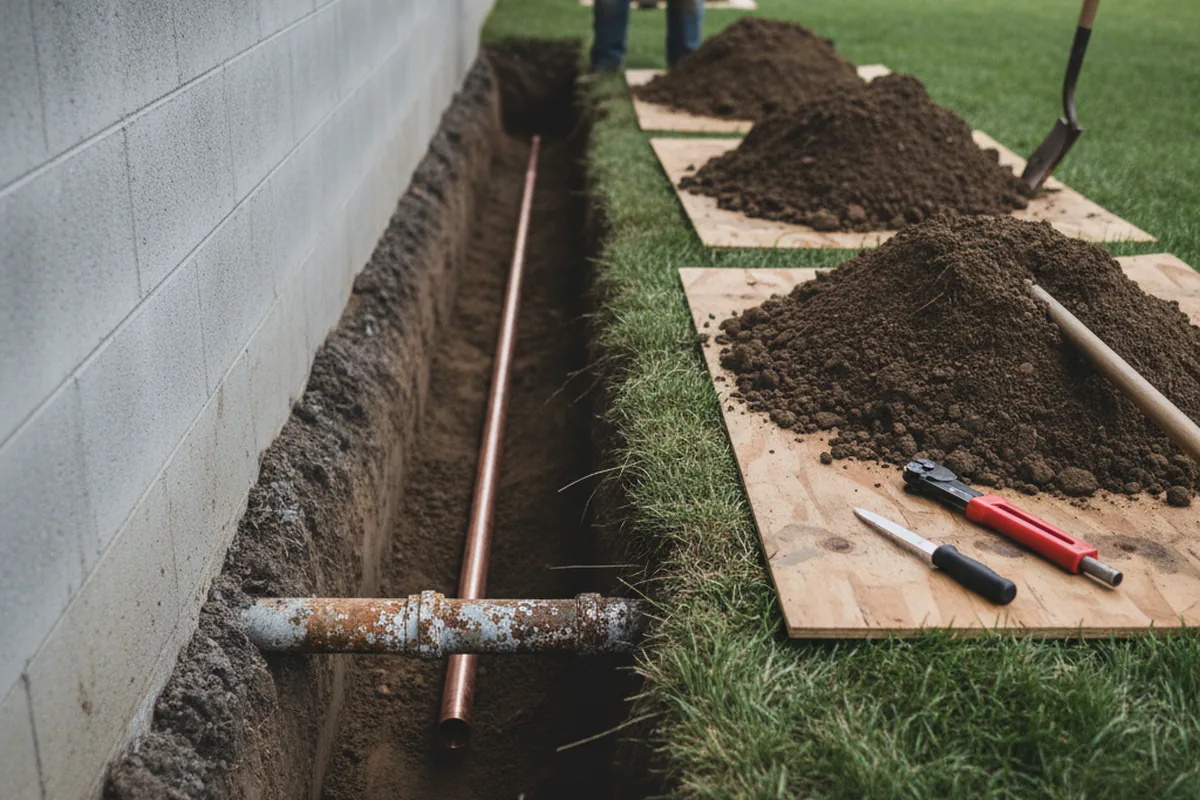 Excavated water line trench during Water Heater Repair in Callaway